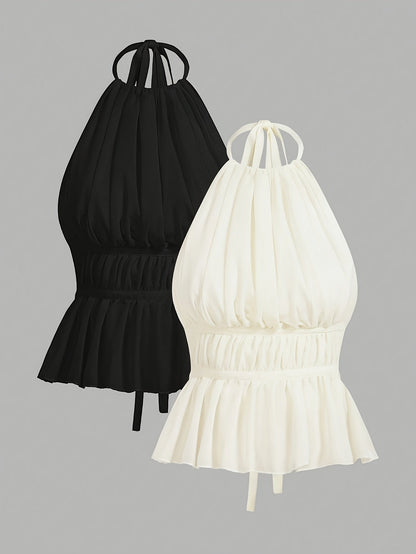 Damen Haltertop mit Raffungen und Schößchen – Elegantes Blusentop für Alltag und besondere Anlässe
