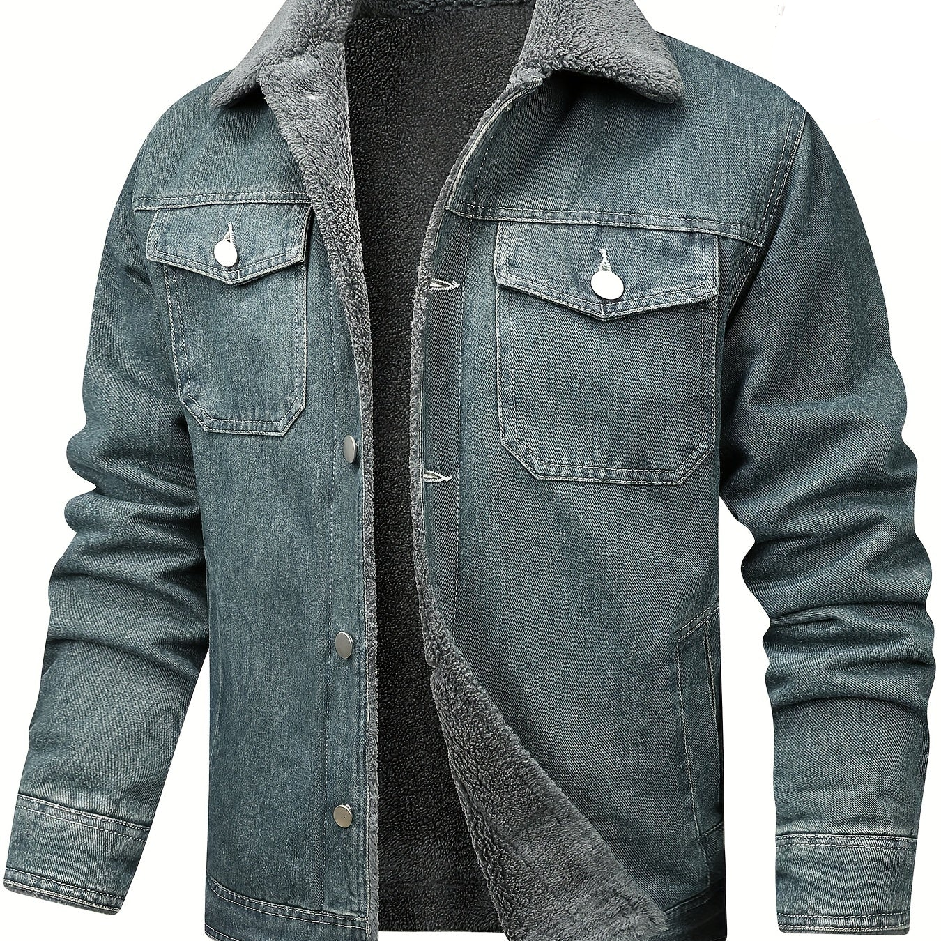Herren Jeansjacke mit Teddyfutter, Sherpa Kragen, Knopfleiste, Brusttaschen, warm gefüttert