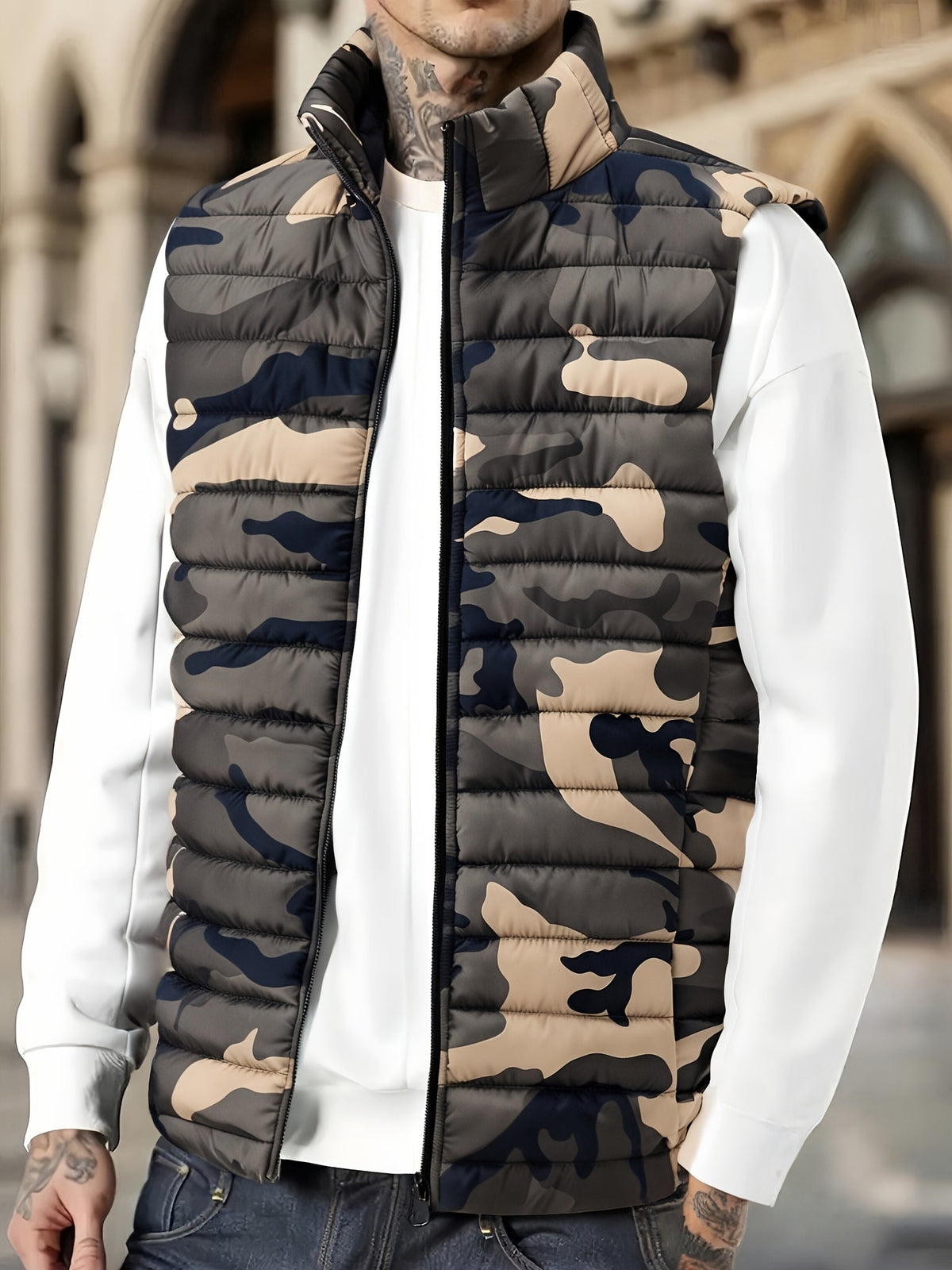 Unisex Steppweste Camouflage, Olivgrün/Braun/Schwarz, Ärmellos, Reißverschluss