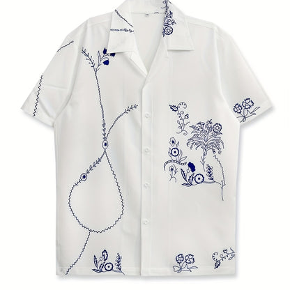 Herren Kurzarm-Resorthemd mit künstlerischem floralen Line-Art-Design – Modernes Freizeitshirt für stilvolle Sommermomente