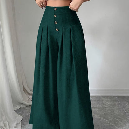 Damen Weitbeinige High-Waist Hose mit Knopfdetail und Eleganten Falten – Modische Business- und Freizeit-Hose
