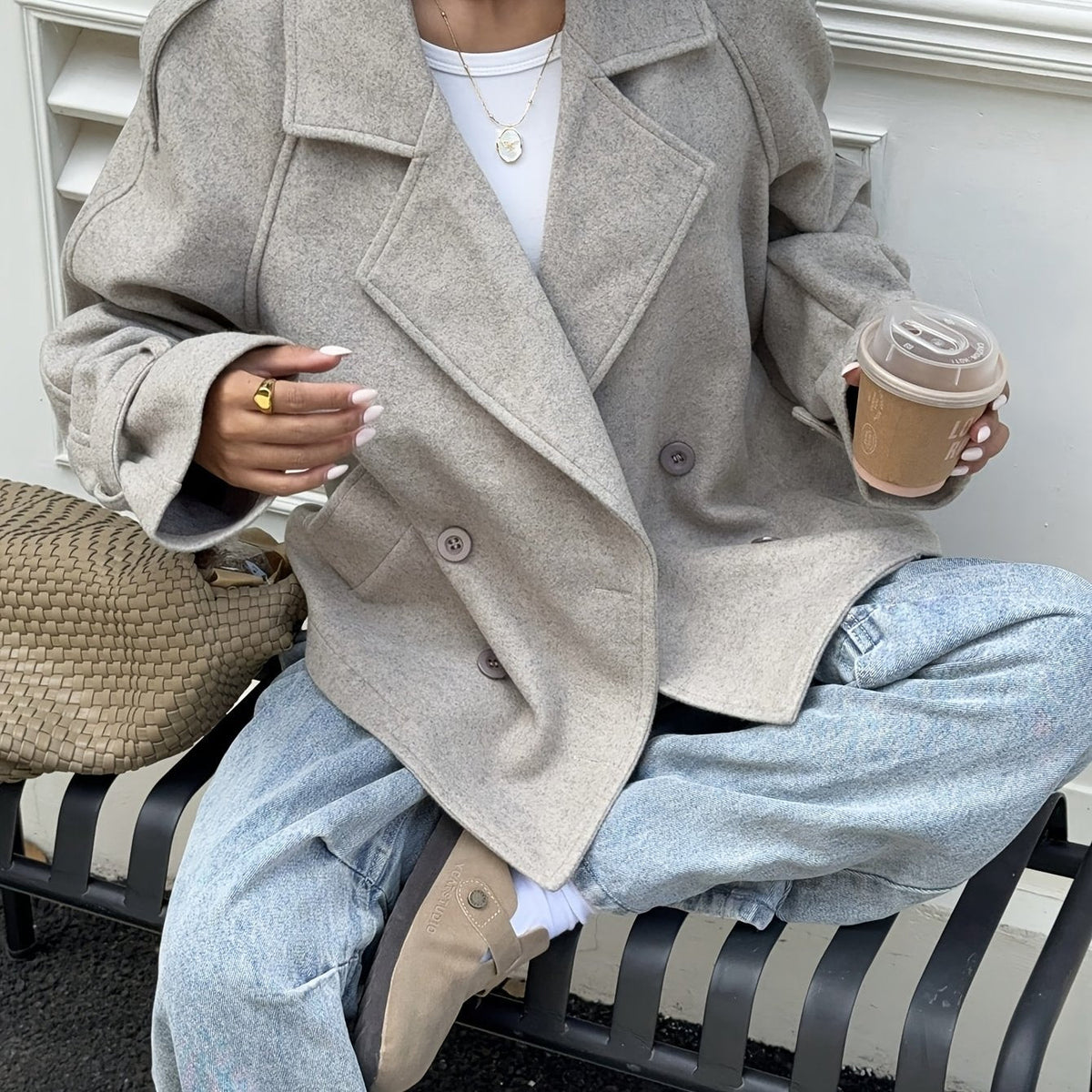 Damen Kurzmantel Jacke Doppelreiher Graubeige Kragen