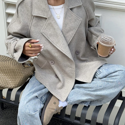 Damen Kurzmantel Jacke Doppelreiher Graubeige Kragen