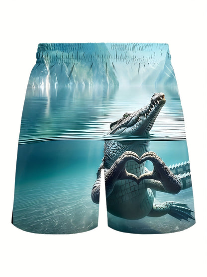 Herren Badeshorts mit Krokodil-Motiv und Herz-Handgeste – Lustige Badehose für Sommer, Strand und Pool
