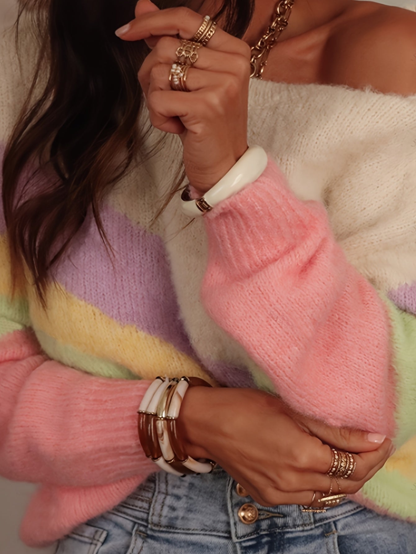 Damen Strickpullover im Y2K-Stil mit Regenbogenstreifen – Modischer Freizeitpullover für jeden Tag