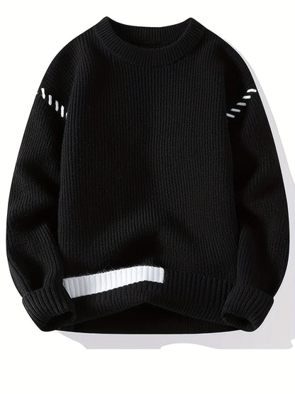 Unisex Rippstrick Pullover Rundhals mit Streifenmuster an Ärmeln und Saum