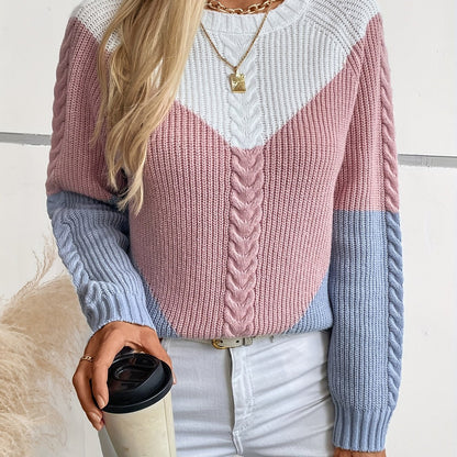Damen Strickpullover Colour-Blocking Zopfmuster Langarm Rundhals