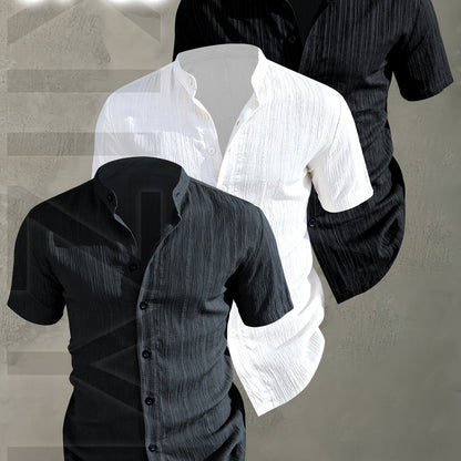Herren 3er-Pack Stehkragen Hemden – Modischer Freizeit Look, Kurzarm, Knopfleiste