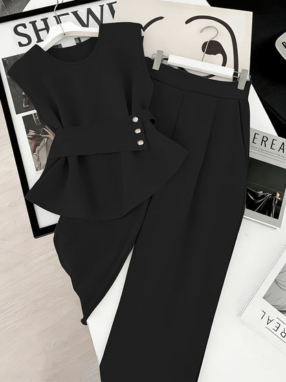 Damen Zweiteiler Set Elegant – Ärmelloses Oberteil mit Gürtel & Gerade Hose, Business & Alltag