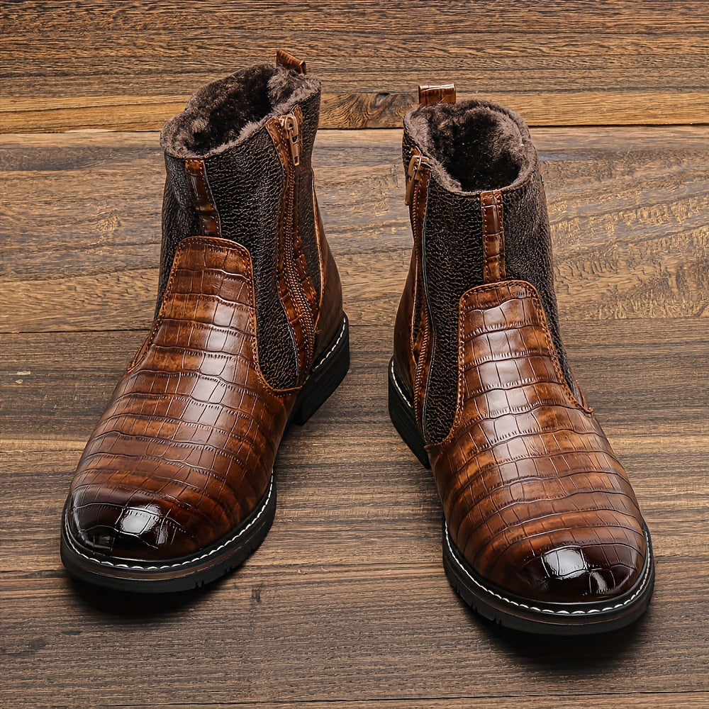 Herren Stiefeletten Braun Kroko-Optik Warm Gefüttert