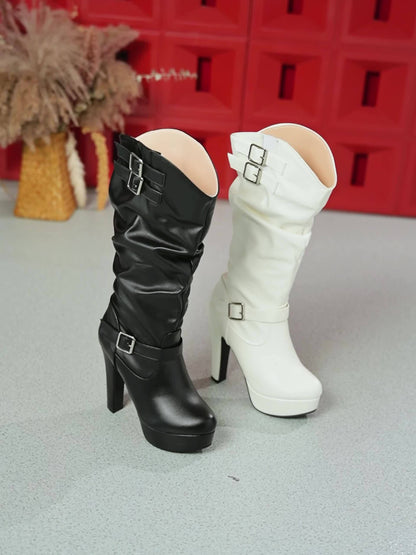 Damen Stiefel Hoch Blockabsatz Plateau Falten Schnallen Weiß/Schwarz