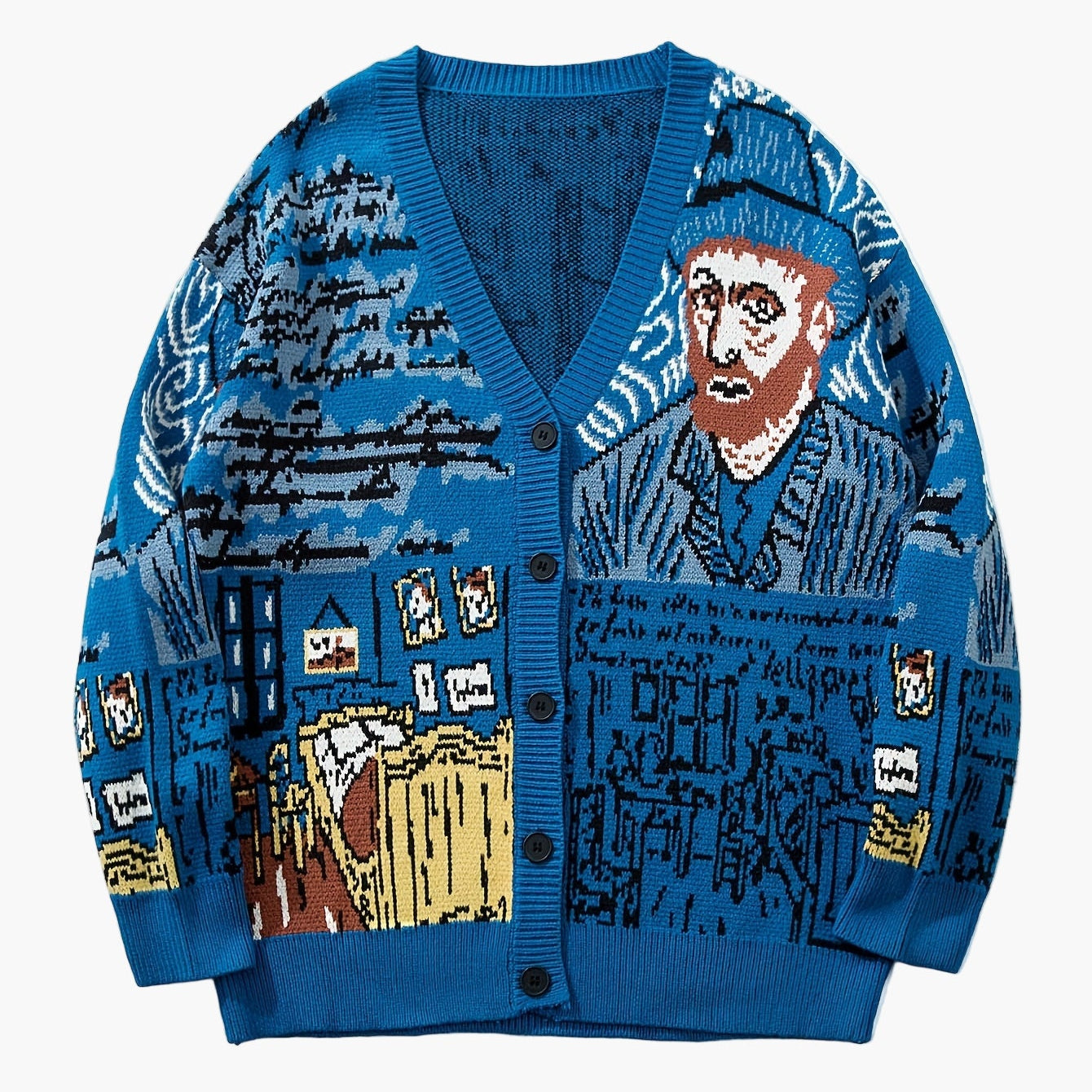 Herren Strick-Cardigan mit künstlerischem Porträt-Design und lockerer Passform – Perfekt für Herbst und Winter, Casual Style