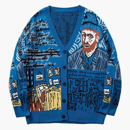 Herren Strick-Cardigan mit künstlerischem Porträt-Design und lockerer Passform – Perfekt für Herbst und Winter, Casual Style