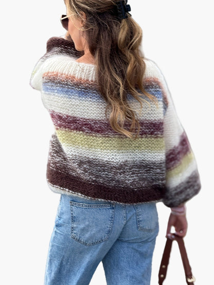 Damen Eleganter Strickpullover mit Streifenmuster für Herbst und Winter – Bequemer Freizeit-Look