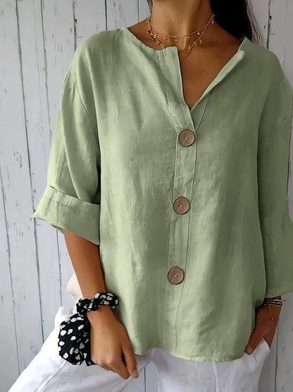 Damen Bluse mit Knopfleiste und 3/4-Ärmeln – Casual Eleganz für Alltag & Büro