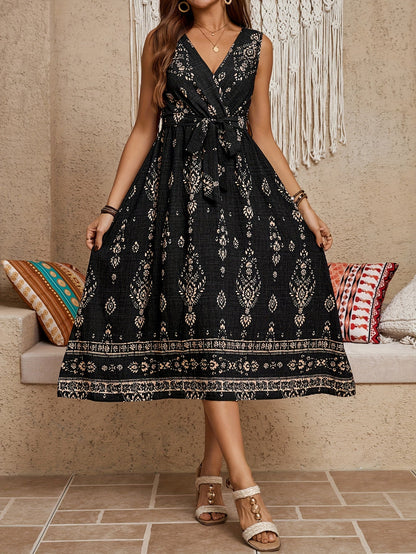 Damen Boho Maxikleid mit Gürtel und Vintage-Blumenmuster – Elegantes Sommerkleid für Freizeit, Strand & Gartenparty