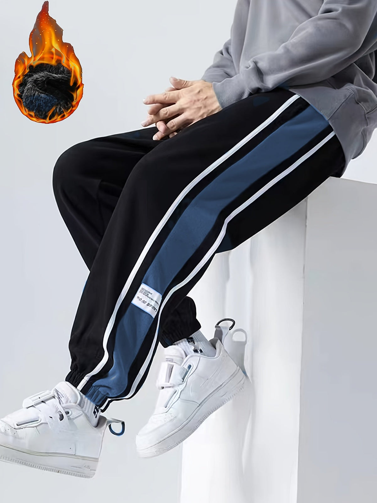 Unisex Jogginghose mit Blockstreifen und Fleece-Futter – Schwarz