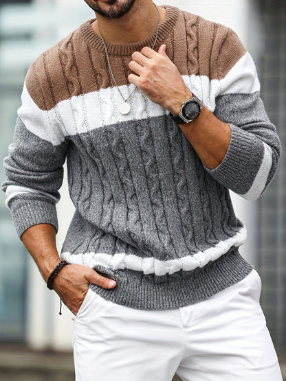 Herren Grobstrick Pullover mit Zopfmuster und Farbblöcken