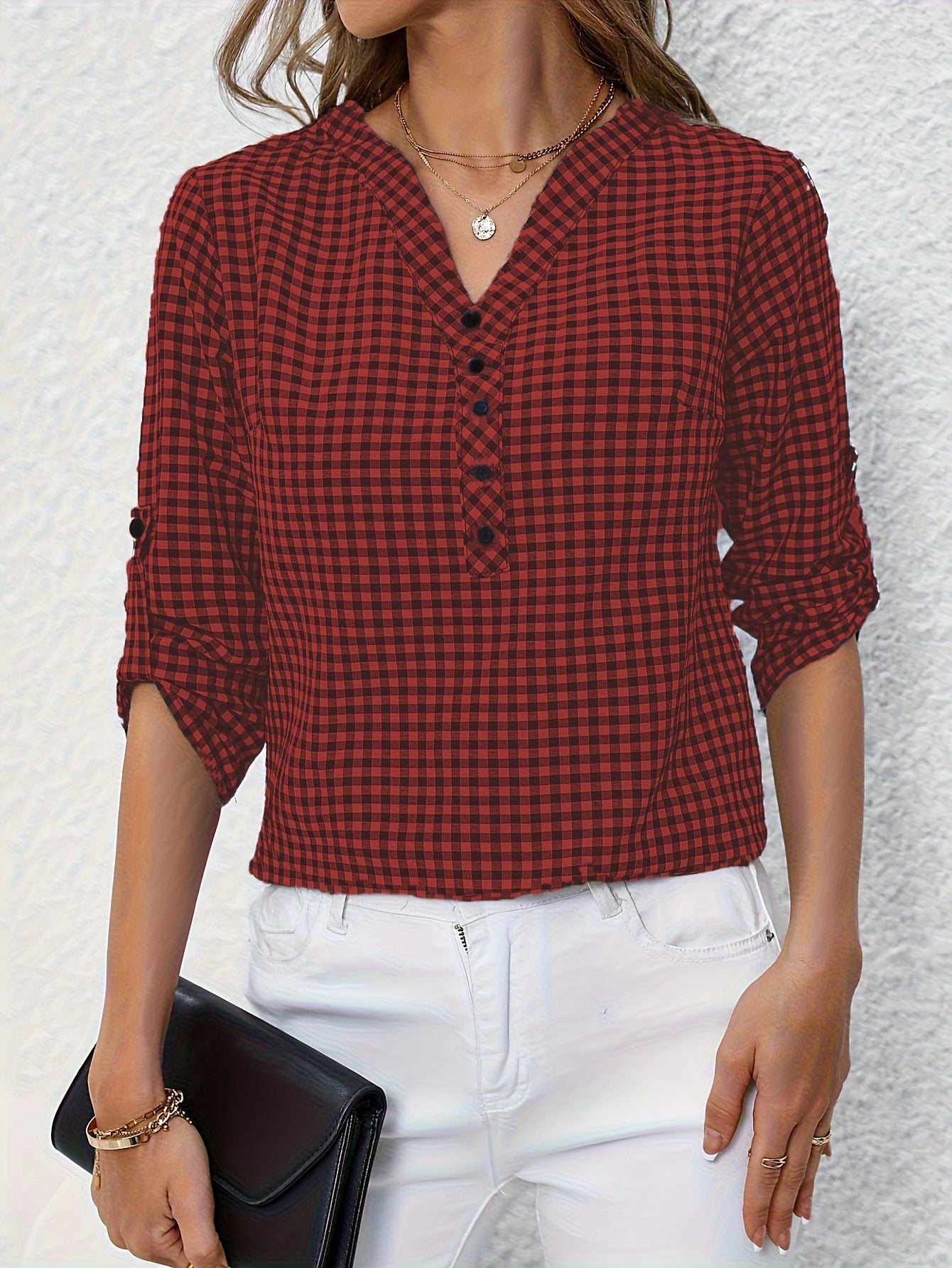 Damen Casual Karo Bluse mit Knopfleiste und 3/4-Ärmeln – Perfekt für Alltag & Büro