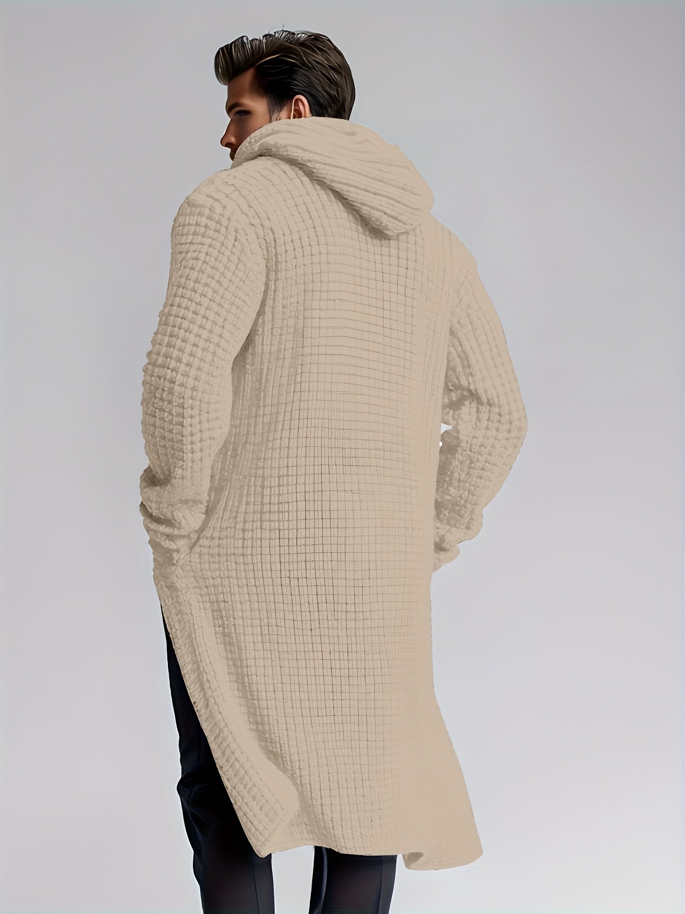 Herren Cardigan Lang Strickpullover Haussweater Dunkelgrau mit Kapuze