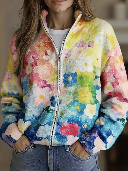 Bunte Strickjacke mit Blumenmuster, Reißverschluss und Stehkragen