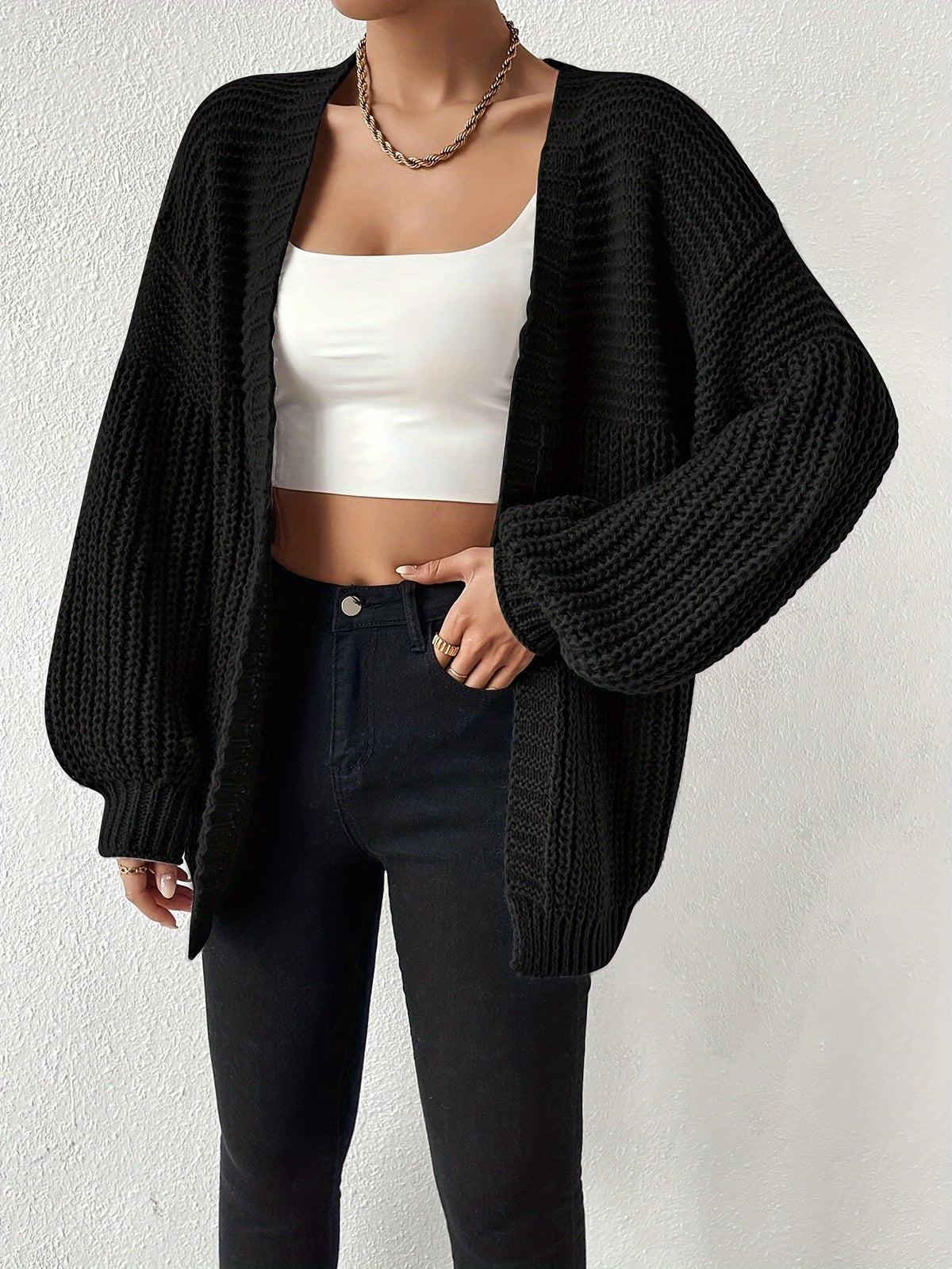 Damen Strickjacke Schwarz Offen Grobstrick Weitärmlig