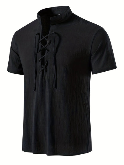Herren Tunika Shirt Kurzarm mit Schnürung – Lässige Sommermode im Vintage-Stil