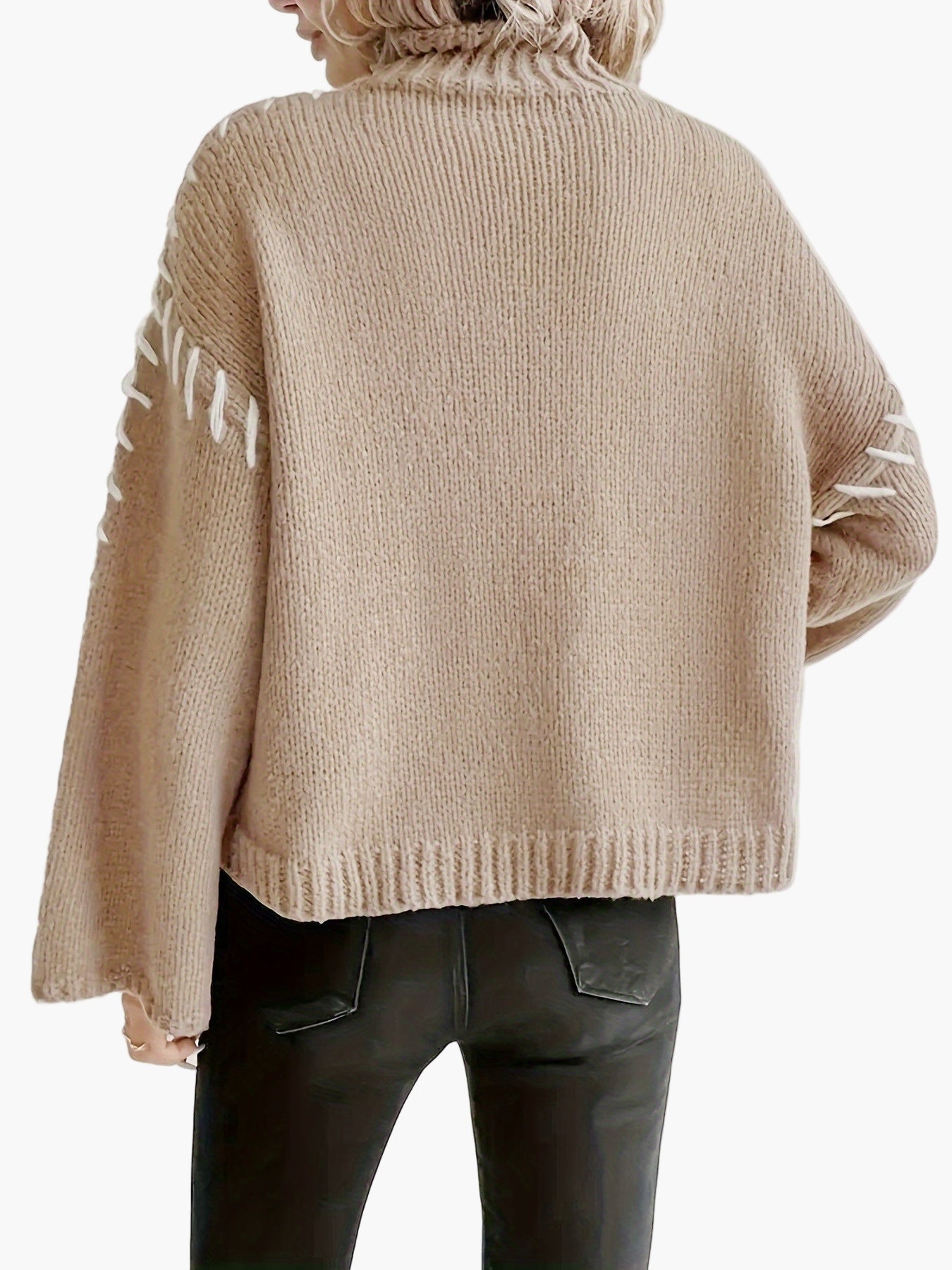 Damen Strickpullover mit weitem Ärmel und Ziernaht – Eleganter Herbst/Winter Pullover mit hohem Kragen