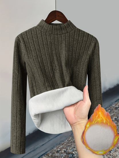 Damen Pullover Rippstrick Stehkragen Warme Fleecefütterung Langarm