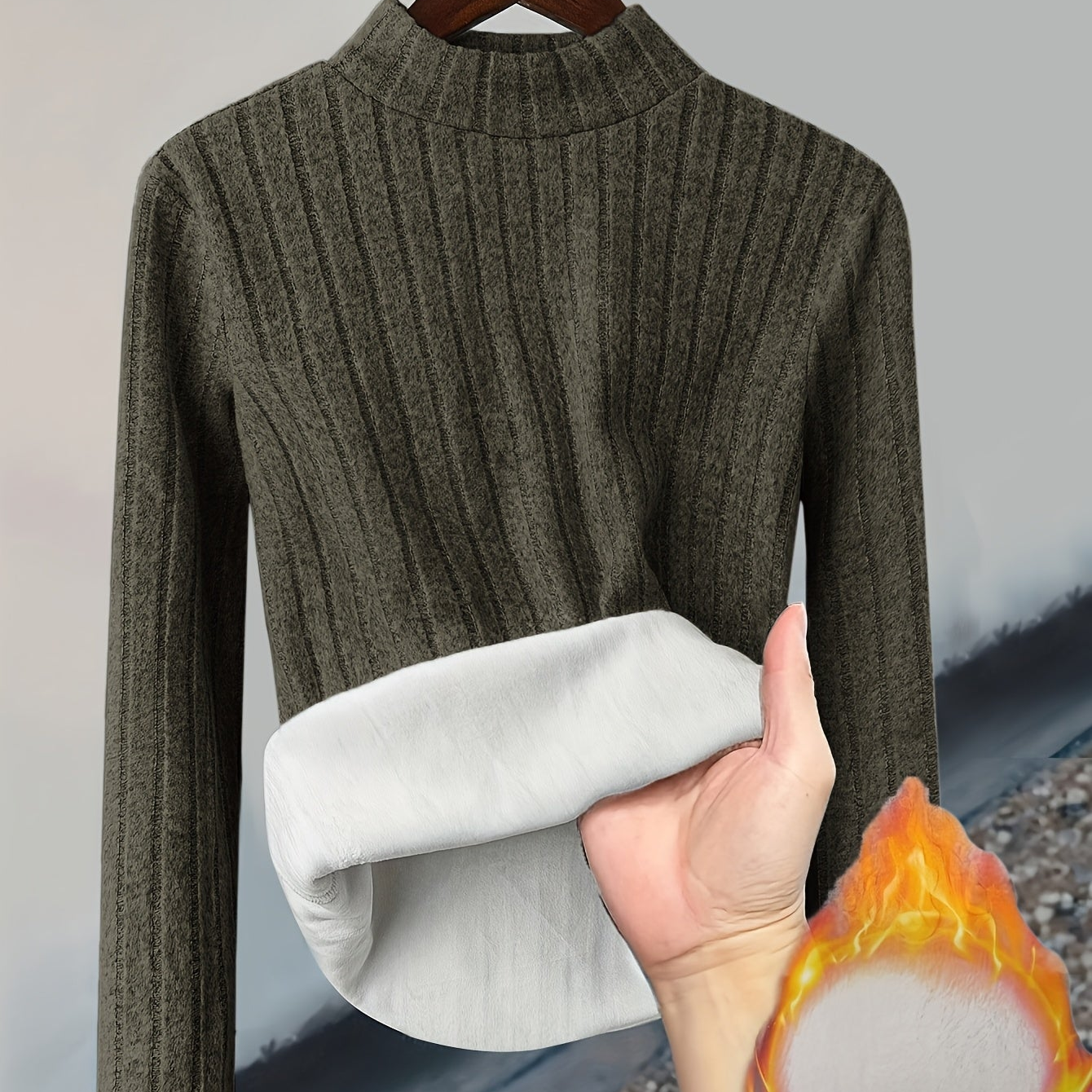 Damen Pullover Rippstrick Stehkragen Warme Fleecefütterung Langarm