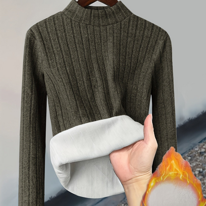 Damen Pullover Rippstrick Stehkragen Warme Fleecefütterung Langarm