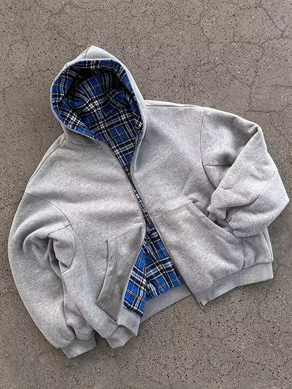 Unisex Reißverschluss-Hoodie Grau mit kariertem Futter, lässig