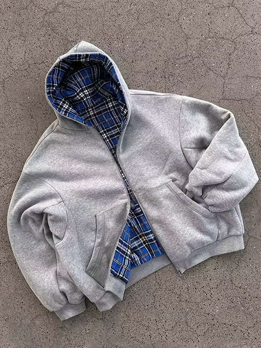 Unisex Reißverschluss-Hoodie Grau mit kariertem Futter, lässig
