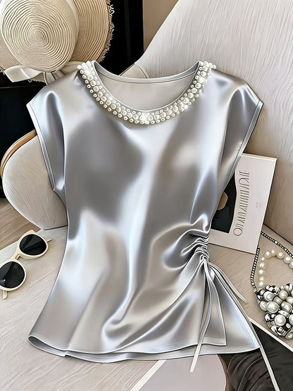 Damen Elegante Bluse mit Perlenkragen und Raffungsdetail – Stilvolles Kurzarm-Oberteil für festliche Anlässe oder Büro