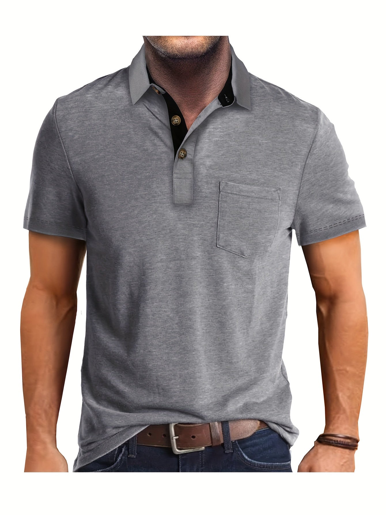 Herren Poloshirt mit Brusttasche und Kontrast-Kragen
