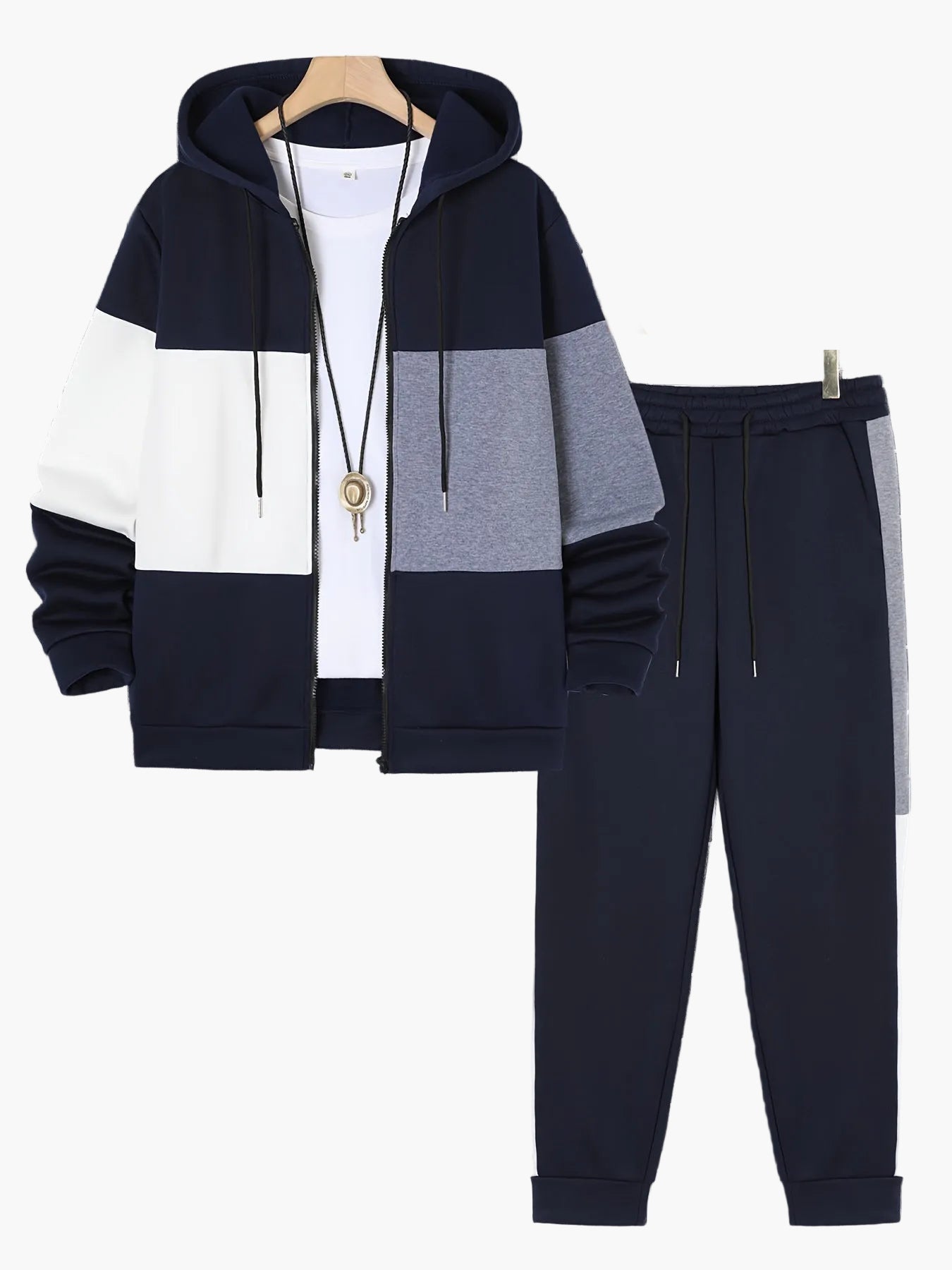 Herren Trainingsanzug Set mit Kapuzenjacke – Patchwork, Casual, Sport & Freizeit