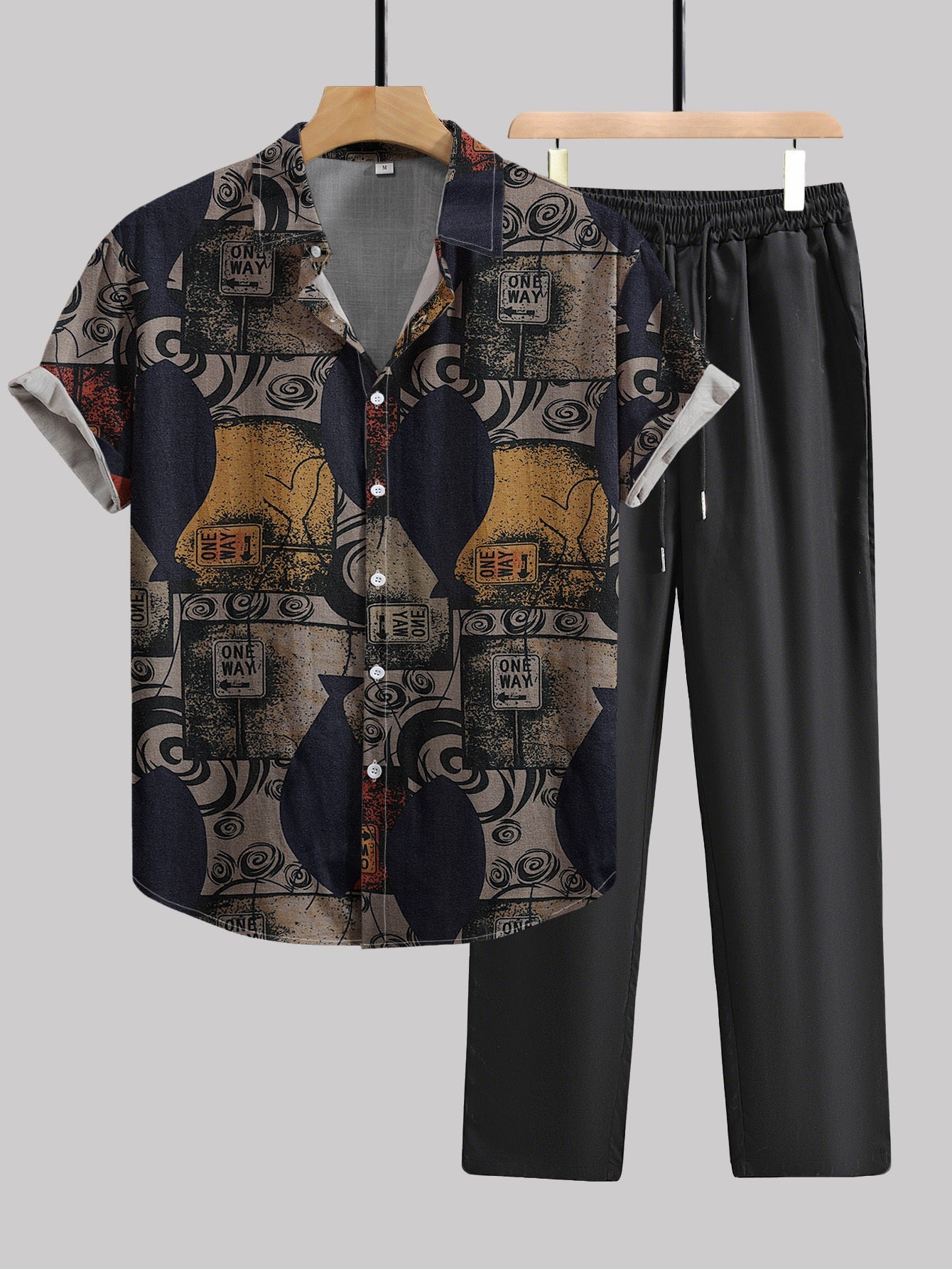 Herren Set Kurzarmhemd mit Grafikmuster und Hose – Modisches Freizeit-Outfit mit künstlerischem Design