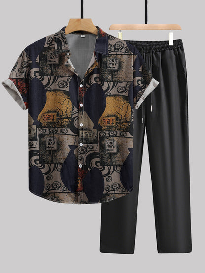 Herren Set Kurzarmhemd mit Grafikmuster und Hose – Modisches Freizeit-Outfit mit künstlerischem Design