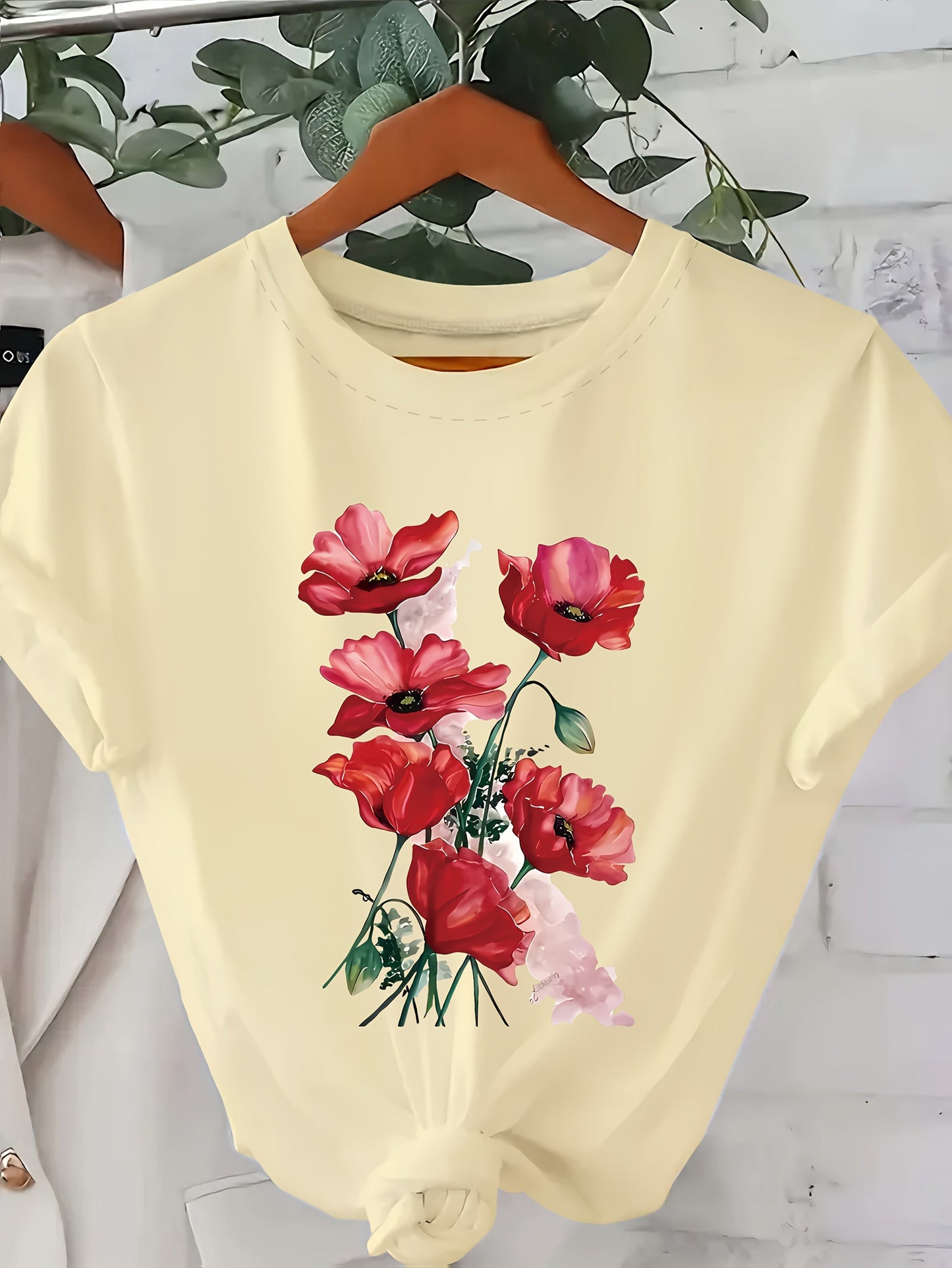 Damen T-Shirt mit Blumenprint – Stilvolles Freizeitshirt mit Mohnblumen-Motiv, Casual Fashion