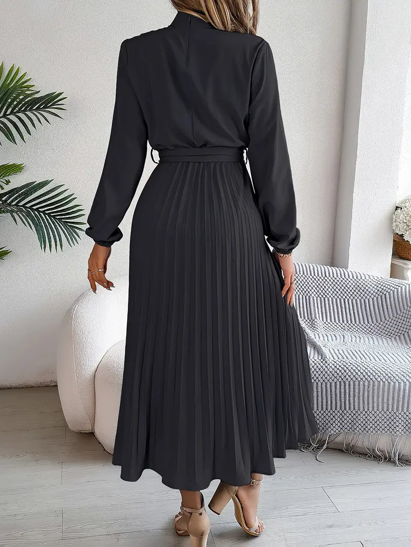 Damen Midikleid mit Faltenrock und Bindegürtel – Eleganter Alltags- und Büro-Look