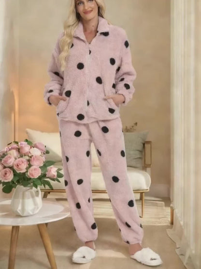 Damen Schlafanzug Fleece mit Punkten Reißverschluss Hausanzug gemütlich