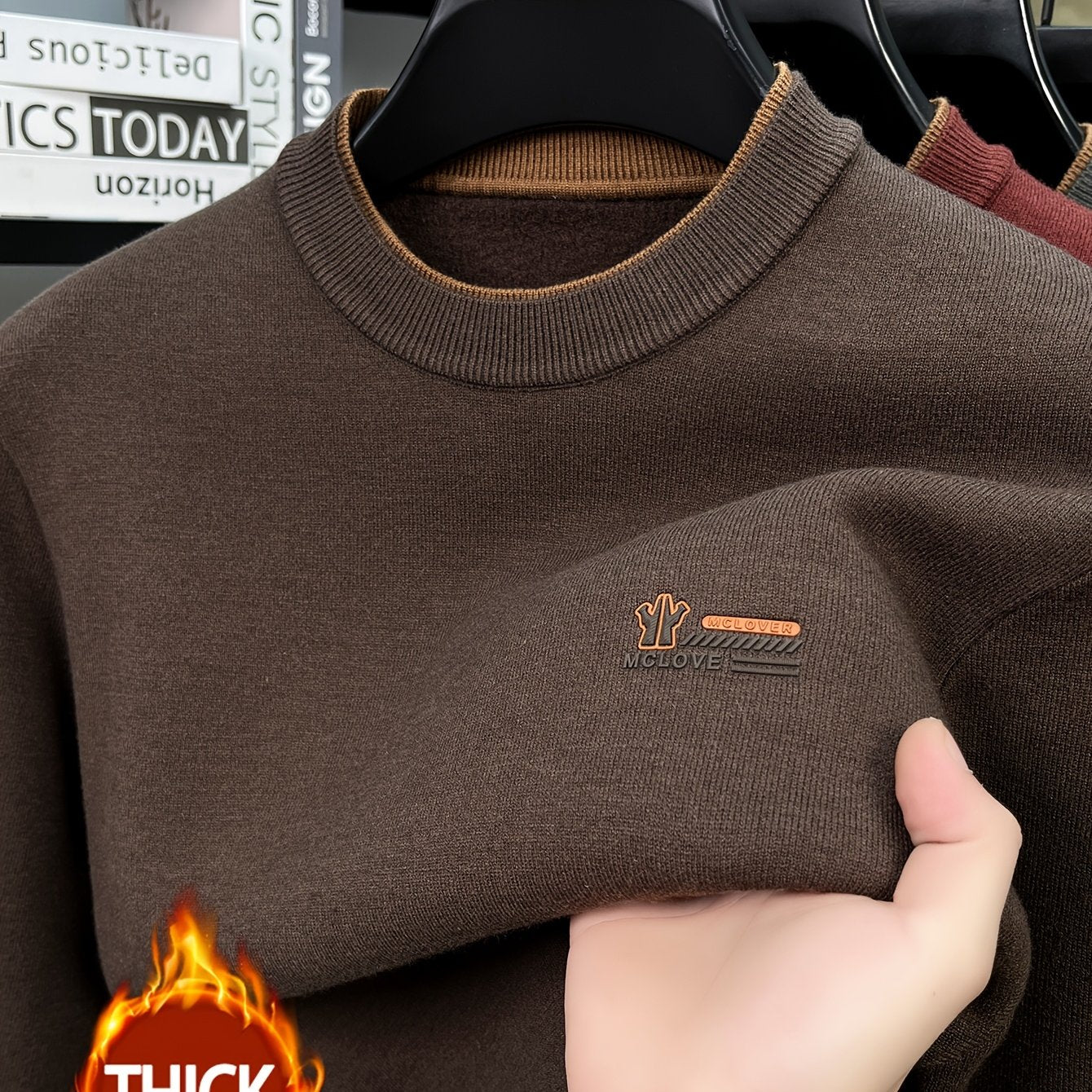 Herren Pullover Rundhals Langarm Strickpullover Warmgefüttert mit Rippbündchen
