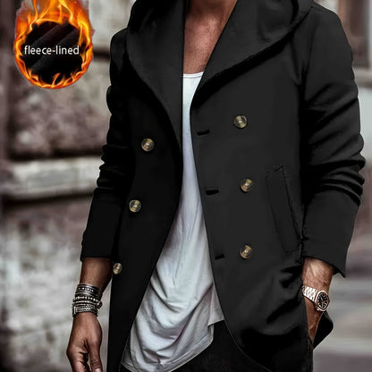 Herren Mantel mit Kapuze, gefüttert, zweireihig, Stehkragen, warm