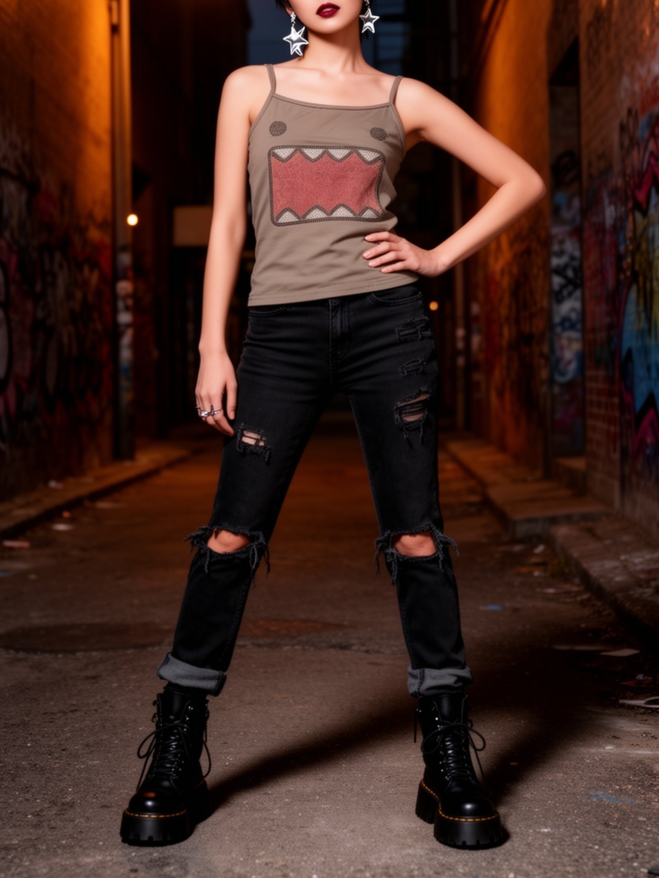 Damen Y2K Streetwear Tanktop mit Cartoon-Motiv und Ripped Jeans – Trendiges Urban Style Outfit