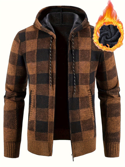 Herren Hoodie mit Reißverschluss, kariert, gefüttert, warm, Braun Schwarz