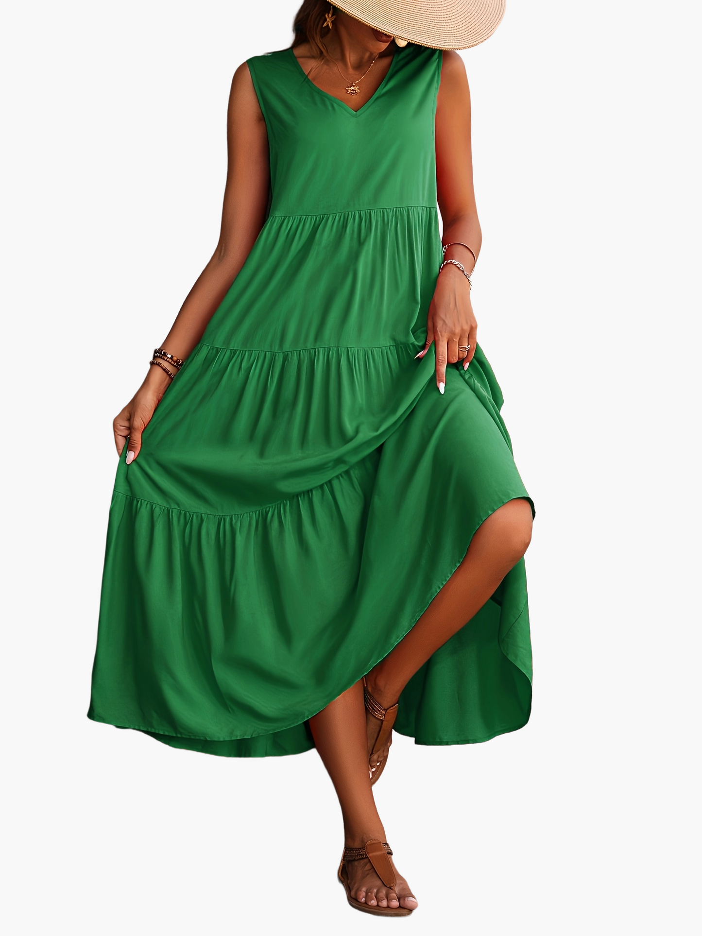Damen Sommer Maxikleid Elegant V-Ausschnitt Ärmellos Freizeitkleid