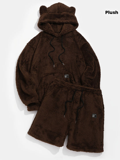 Plüsch Hoodie Set mit Bärenohren und Shorts für Damen