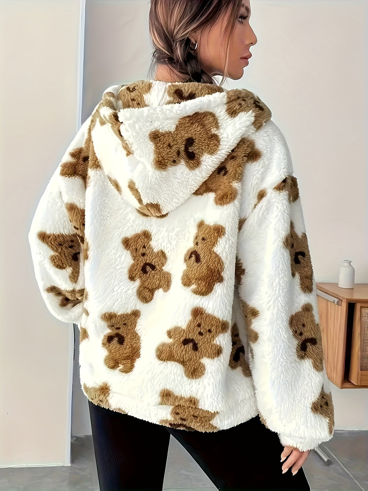 Damen Teddy Hoodie Weiß Braun Flauschig mit Bärchenmuster