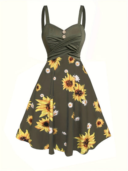 Damen Vintage Sommerkleid mit Sonnenblumenmuster und Knopfleiste – Ideal für Freizeit und Urlaub