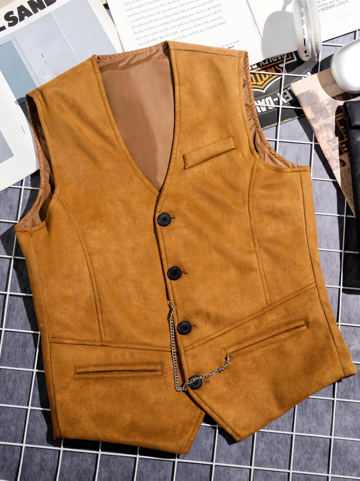 Herren Weste mit V-Ausschnitt & Knöpfen, Dekorative Kette, Taschen, Wildlederoptik